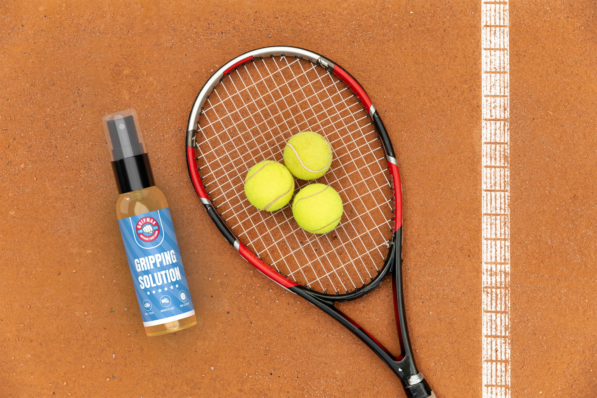 GRIPMAX bottle on a clay court beside a racket and tennis balls
