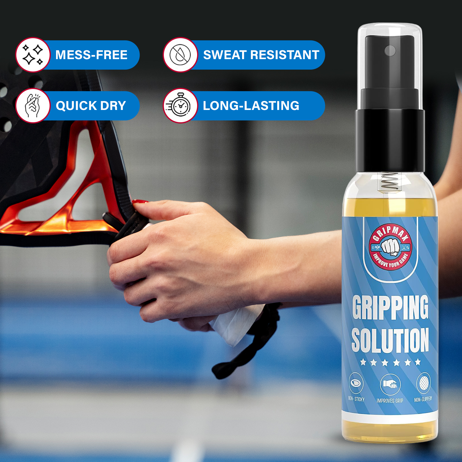 Player holding a padel racket with GRIPMAX gripping solution
